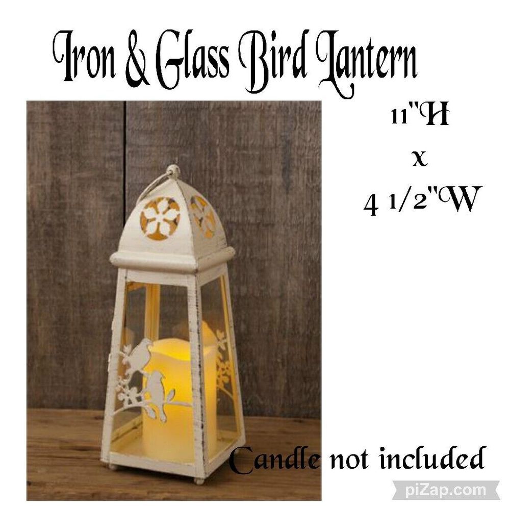 New Primitive Iron & Glass Bird Lantern‎ by YHD 11"H (candle not included)